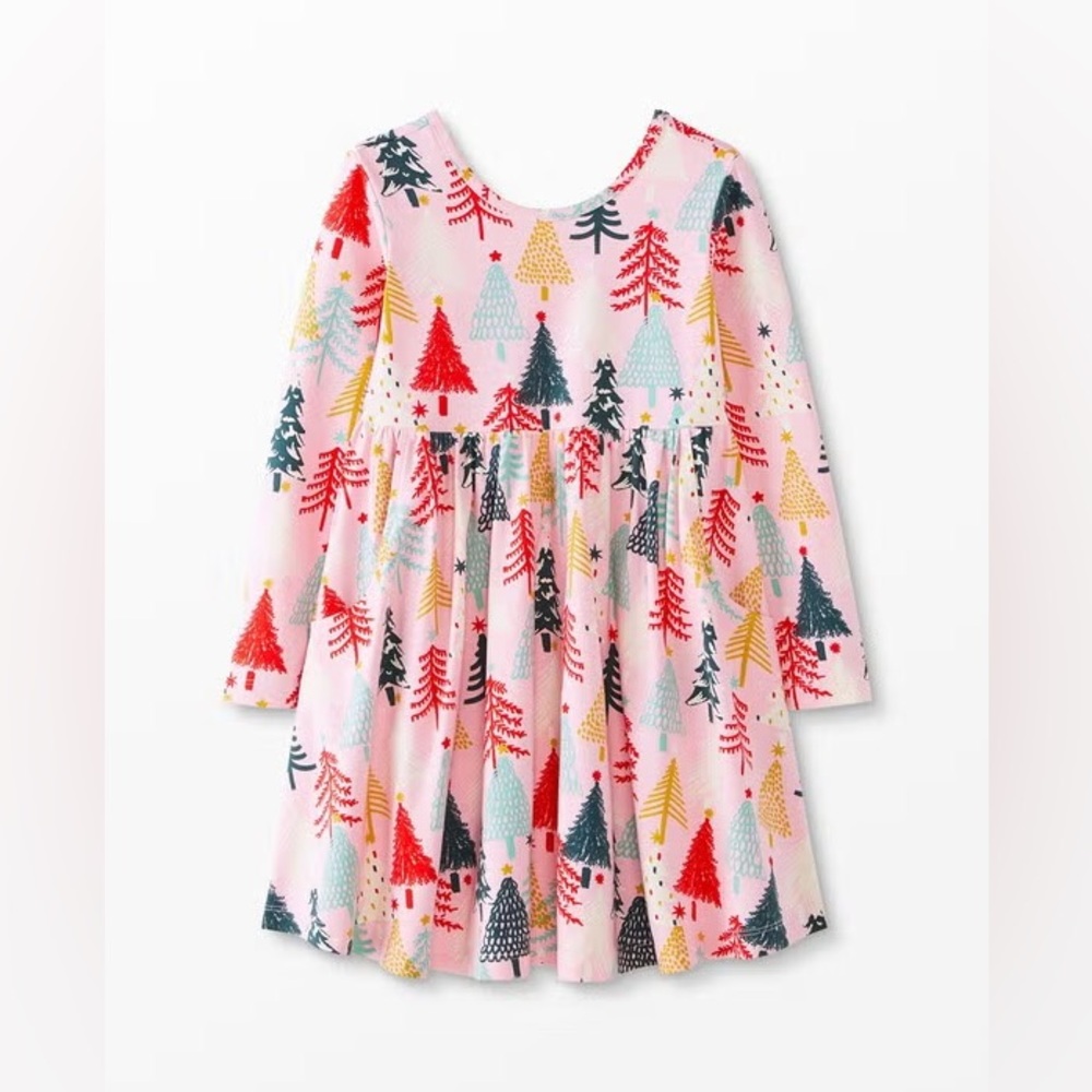 Hanna Andersson Long Sleeve Skater Dress Christmas Tree Twinkly Blush Size 100